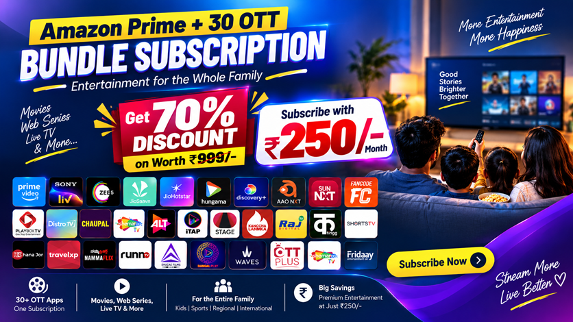 Amazon Prime and 30 OTT apps bundle subscription — 70% discount, subscribe at ₹250 per month